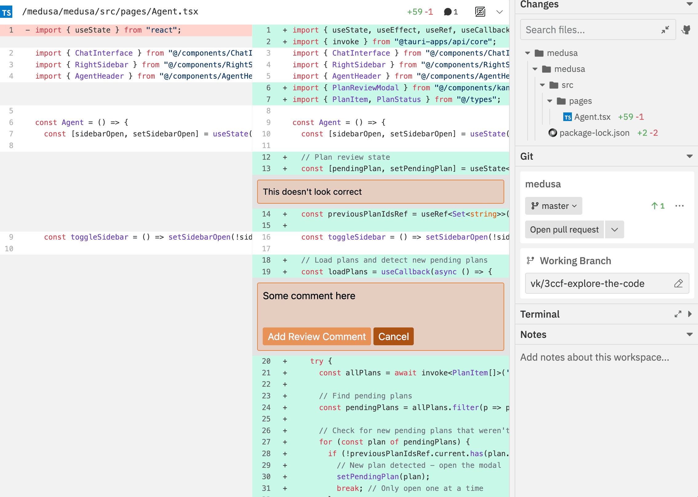 Side-by-side diff with an inline comment thread